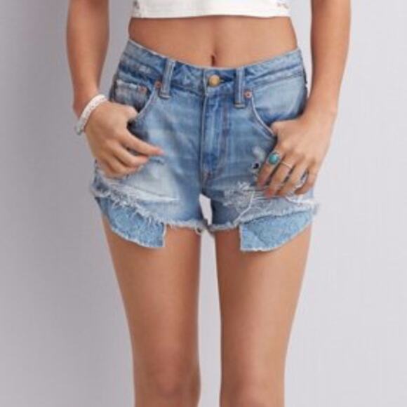 AE Blue Lace Distressed Hi Rise‎ Festival Shorts 2 - Picture 1 of 7